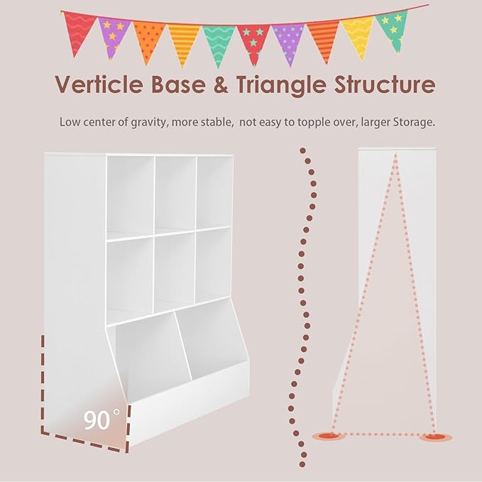 DINZI LVJ Toy Storage Organizer, Kids Bookshelf, Wood Toy Storage Cabinet, 3-Tier 8 Cubby Children Bookcase, 39.4" L Toddler Book Shelf for Playroom, Living Room, Nursery, Hallway, School, White