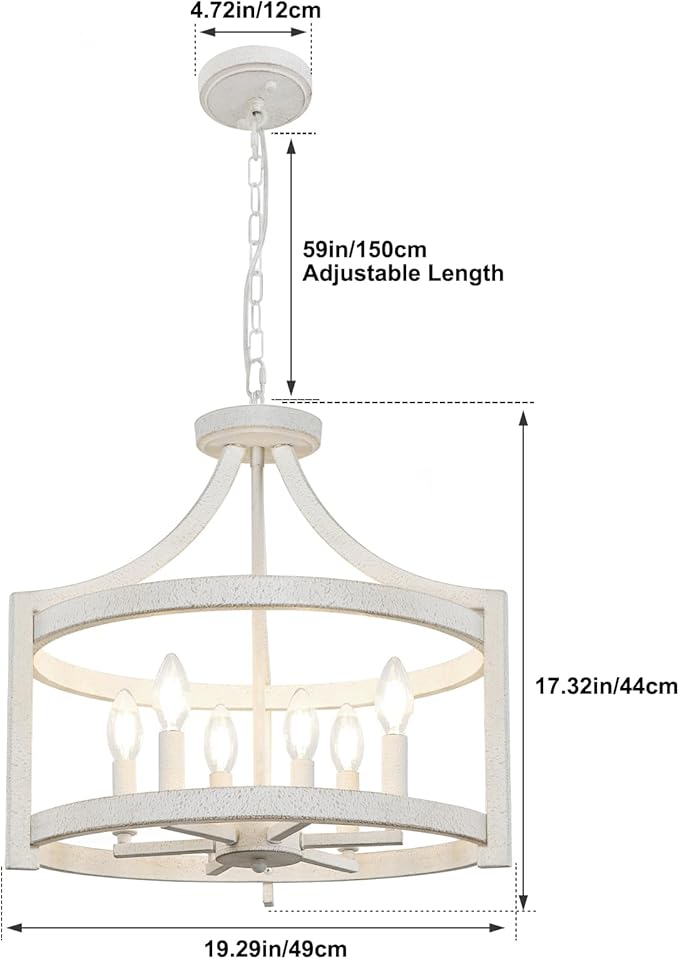 Farmhouse Chandelier for Dining Room, 6-Light Distressed White Hanging Light Convertible Semi Flush Mount Ceiling Light Fixture, Metal Vintage Pendant Lighting for Kitchen Foyer Entryway