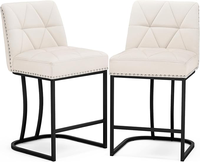 LUE BONA 24" Bar Stools Set of 2, Counter Height Bar Stools with 5.5" Thick Cushion, Upholstered Linen Fabric Barstools with Metal Frames for Kitchen Island, Dining Room, Beige