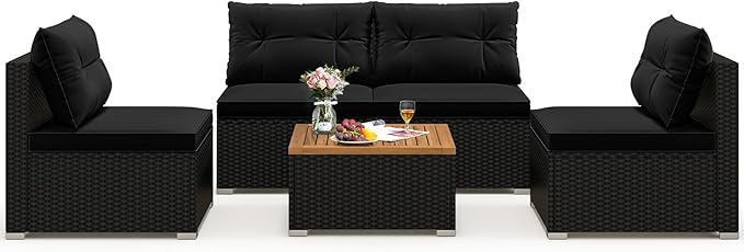 Tangkula 5 Piece Rattan Sofa Set, Outdoor Wicker Furniture Set w/Seat & Back Cushions, Square Coffee Table, Patio Sofa Set for Backyard, Poolside (Black)