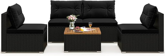Tangkula 5 Piece Rattan Sofa Set, Outdoor Wicker Furniture Set w/Seat & Back Cushions, Square Coffee Table, Patio Sofa Set for Backyard, Poolside (Black)