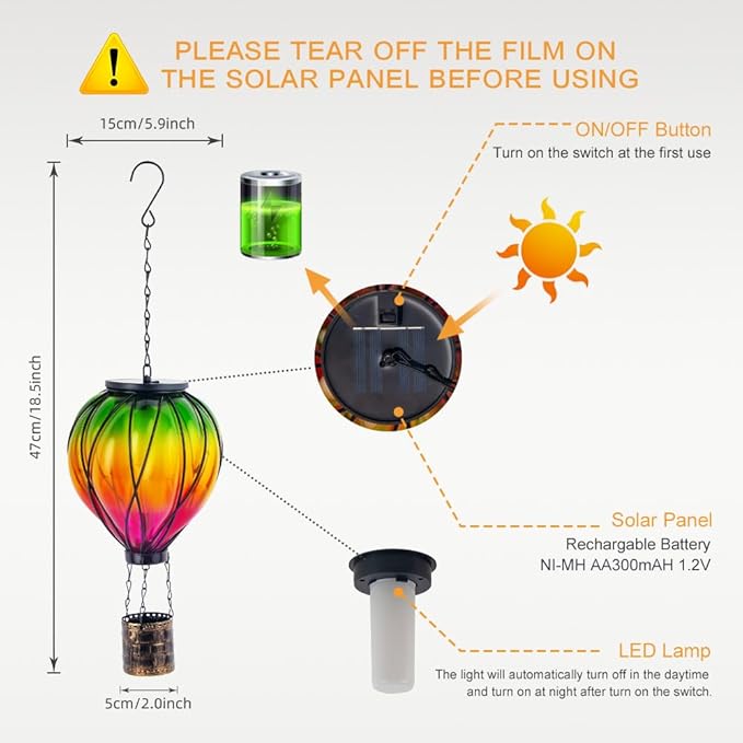 Colorful Solar Hot Air Balloon Lantern with Flame Flickering, Outdoor Waterproof Hanging Light for Patio, Porch, Yard, Garden Decor