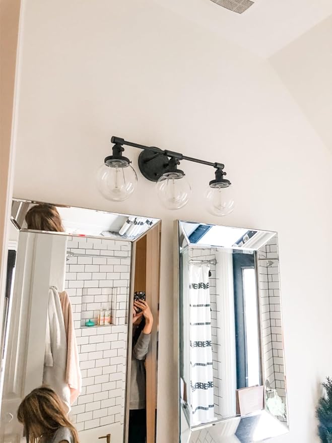 PERMO Vintage Wall Sconce Antique 3 Lights Modern Vanity Light Over Mirror Sconce with 5.9" Round Clear Glass Globe Shade (Black)