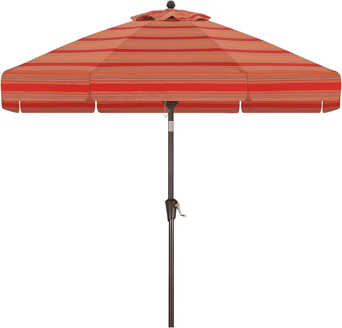 MASTERCANOPY 9ft Olefin Valance Patio Umbrella with Tilt Crank, 5-Year-Non-Fading Canopy & 8 Fiberglass Ribs for Deck, Patio, and Garden, Red & Orange Multi-Stripes