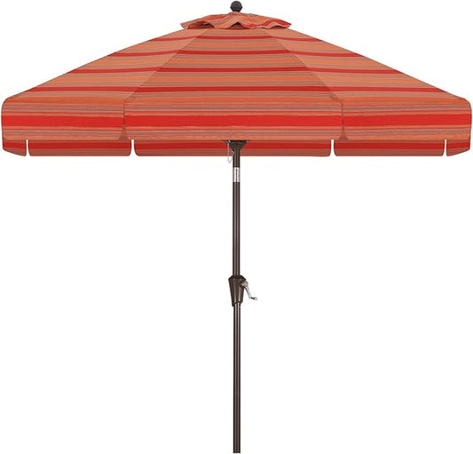 MASTERCANOPY 9ft Olefin Valance Patio Umbrella with Tilt Crank, 5-Year-Non-Fading Canopy & 8 Fiberglass Ribs for Deck, Patio, and Garden, Red & Orange Multi-Stripes