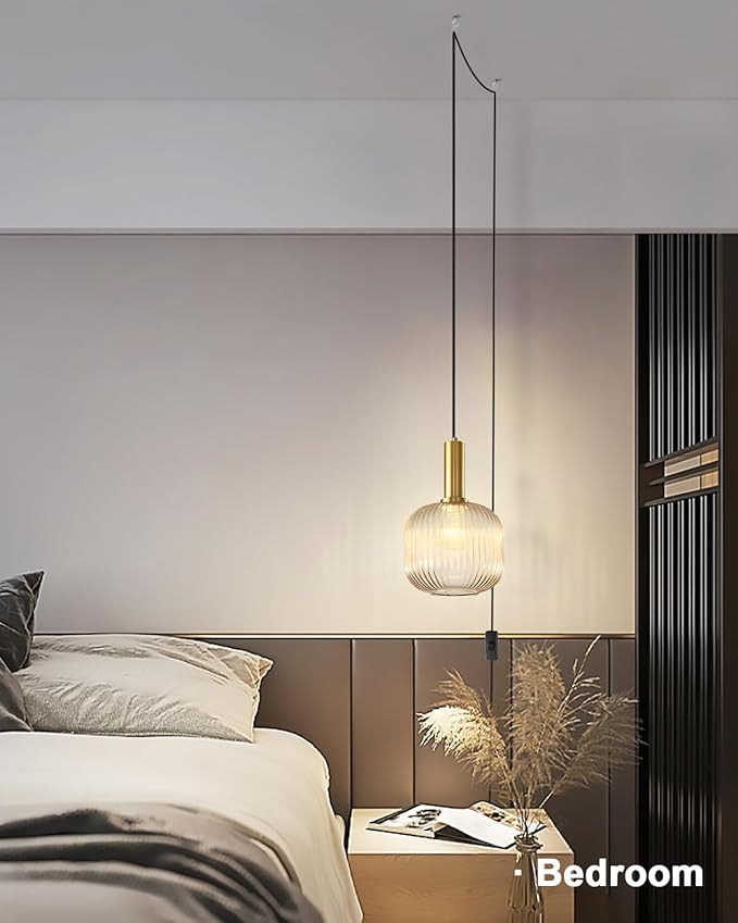 Amber Plug in Pendant Light Fixtures Mid Century Modern Hanging Lights with Plug in Cord Gold Pendant Light Plug in Vintage Glass Hanging Lamps for Living Room Bedroom Kitchen Dining Room