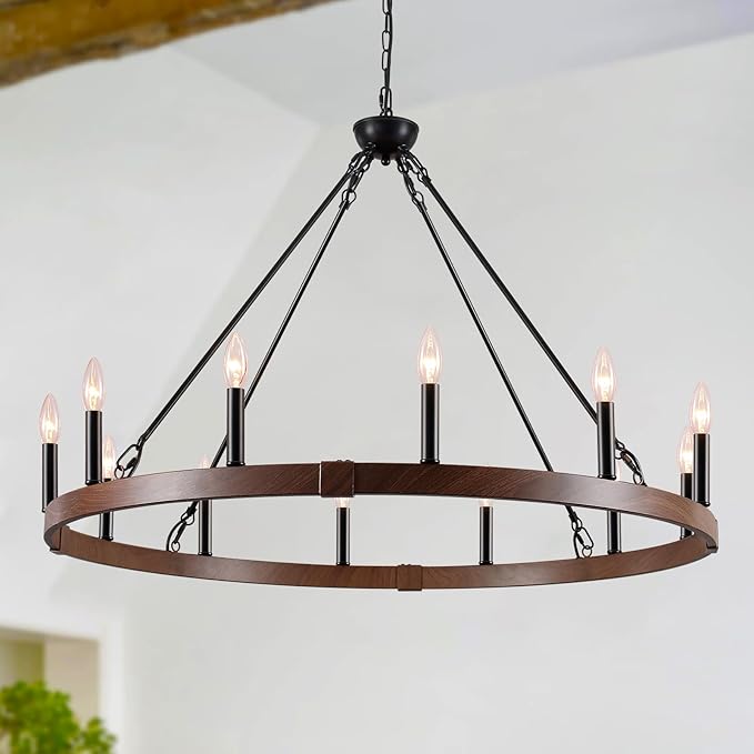 Wagon Wheel Chandelier 37.4 inch, 12-Light Farmhouse Wagon Wheel Chandelier with Dark Wood Grain Finish, Round Industrial Farmhouse Chandeliers for High Ceilings Living Dining Room Foyer Outdoor Porch