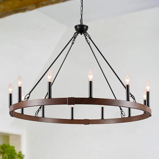 Wagon Wheel Chandelier 37.4 inch, 12-Light Farmhouse Wagon Wheel Chandelier with Dark Wood Grain Finish, Round Industrial Farmhouse Chandeliers for High Ceilings Living Dining Room Foyer Outdoor Porch