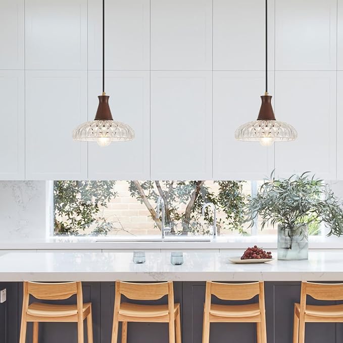 YLONG-ZS Glass Pendant Lights Kitchen Island,Modern Kitchen Hanging Pendant Ceiling Light,Vintage Walnut Wood Hanging Lamp for Bedroom Living Room Dining Room Restaurant Coffee Shop