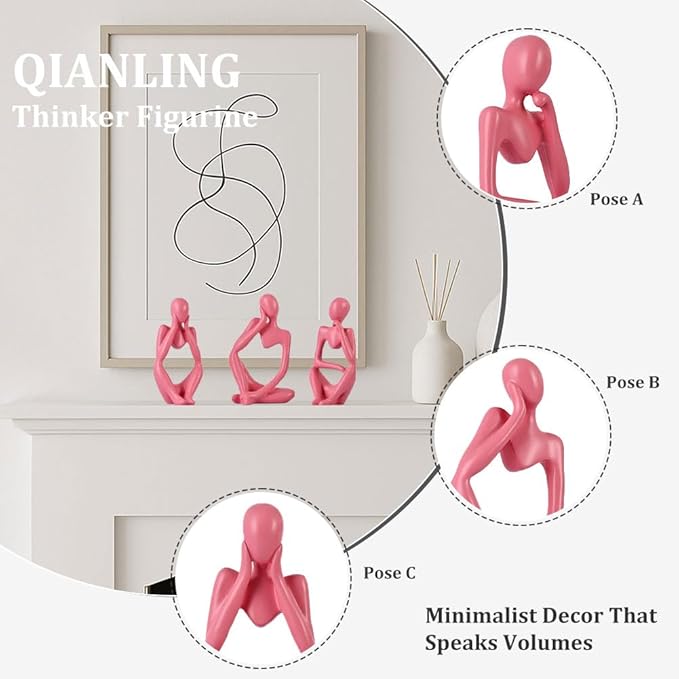 Pink Thinker Statue Decor for TV Stand, Shelf, Desk, or Coffee Table - Set of 3 Resin Figurines for Living Room Decorative Objects, Modern Sculpture, Minimalist Bookcase Decor, Home Accents