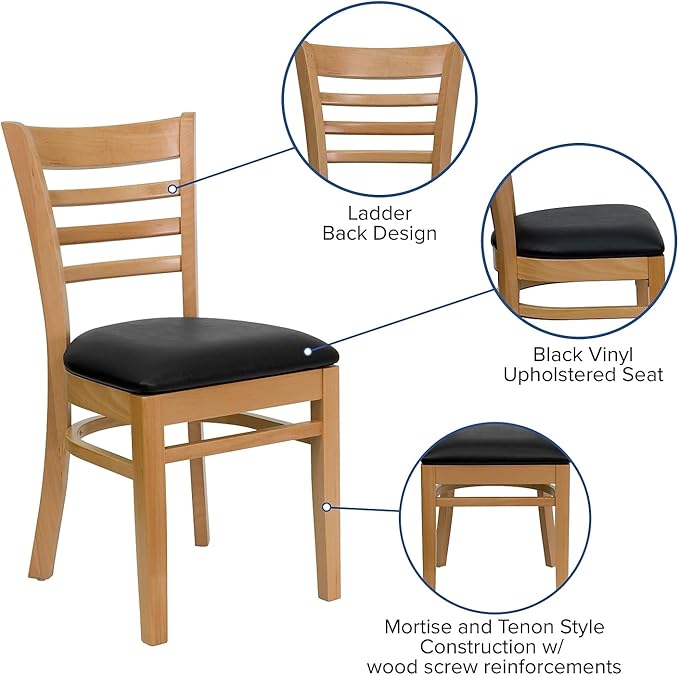 Flash Furniture HERCULES Series Ladder Back Natural Wood Restaurant Chair - Black Vinyl Seat