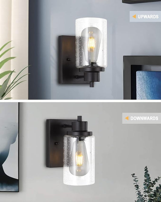 3 Pack Bath Vanity Light Fixtures Wall Sconce, Modern Indoor Bathroom Wall Lights with Seeded Glass, Black Wall Light Fixtures for Bedroom Mirror Kitchen Living Room Entryway Patio