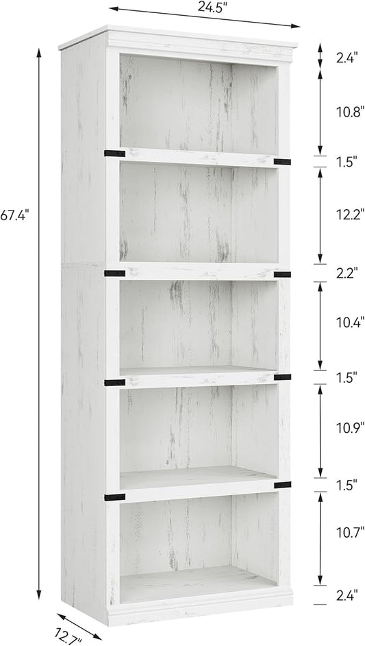 GarveeHome 5 Tier Farmhouse Bookcase, 67.4" Tall Book Shelf with Storage, Wooden Bookshelves 5 Shelf Display Shelves for Home Office(67.4" H x 31.5" W x 12.8" D) (White, 67.4" H x 24.4" W x 12.8" D)