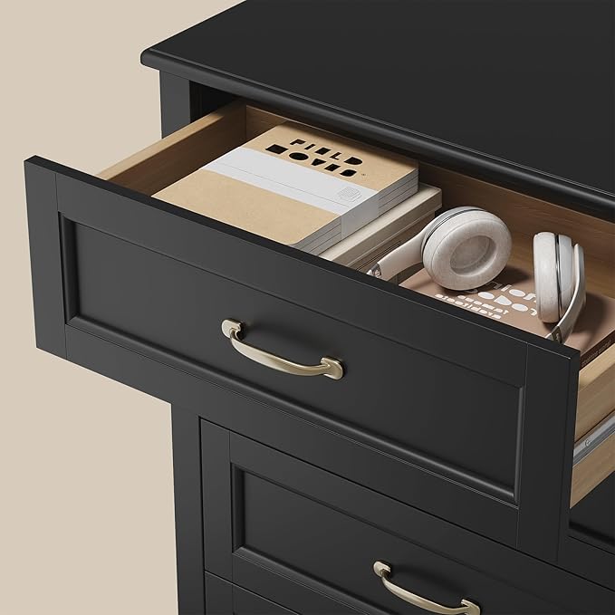 Gizoon 5 Drawer Dresser, Black Wood Chest of Drawers for Bedroom, 43.3" Large Capacity Storage Cabinet with Anti-Tip Device, for Clothes, Living Room, Hallway, Office