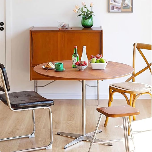 Round Modern Solid Wood Dining Table Dining Furniture with Crossed Metal Base, Brown Wood Small Table for Office Small Coffee Table for 4-6, 31.5inch Wide