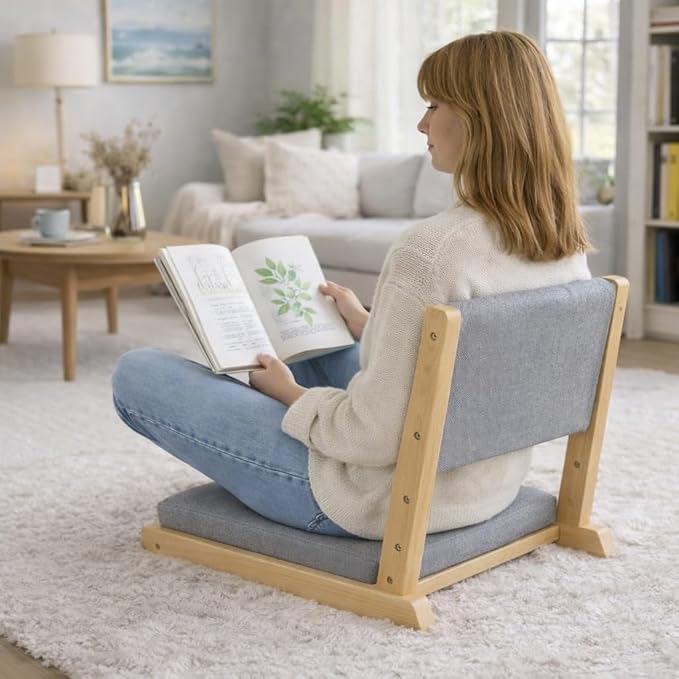 HollyHOME Foldable Japanese Style Floor Chair with Back Support, Wood Legless Tatami Chair with Cushion, Accent Meditation Seat for Bay Window, Living Room, Bedroom, Light Grey
