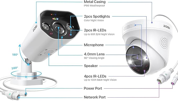 ZOSI 32CH 4K PoE Security Camera System, Face Person Vehicle Detection, 2 Way Audio, Spotlight Siren, 24pcs 8MP Outdoor Indoor IP Cameras, 32 Channel 4K NVR with 8TB HDD for 24/7 Recording
