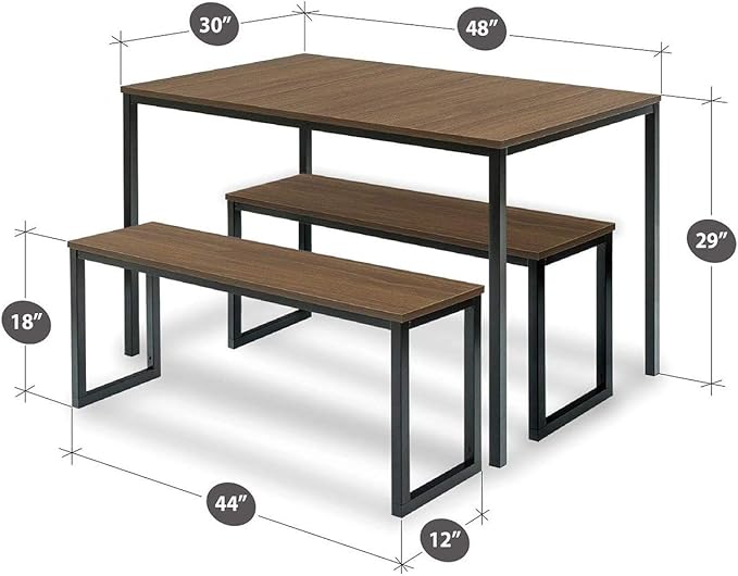 Zinus 48 Inch Louis Metal Frame Dining Table with Benches, 3 Piece Dining Set, Easy Assembly, Brown
