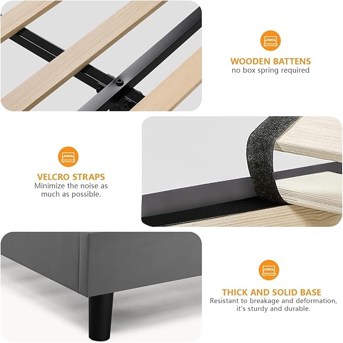 GTPLAYER Queen Size Bed Frame, Upholstered Platform Bed Frame with USB Type-C Tall Headboard Wingback, Soft Velvet Fabric, No Box Spring Needed, Easy Assembly, Misty Grey