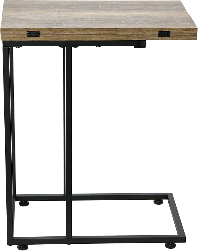 Household Essentials Jamestown Extendable C-Shaped for Accessiblity Side End Table Ashwood Rustic Wood Grain and Black Metal