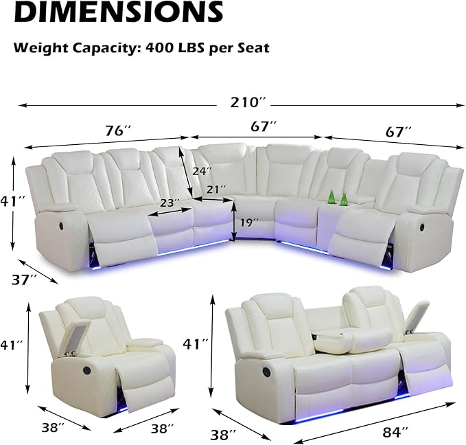 Leather Power Recliner Sectional Sofa Set with LED Light,L Shaped Leather Couch Set with 5 Recliner Seats,Modular Couch with USB Ports for Living Room Furniture(White, Sectional+Sofa+Chair)