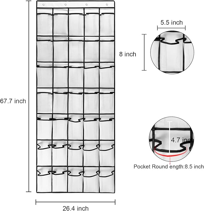1 Pack 35 Breathable Mesh Pockets Large Hanging Shoe Organizer Over The Door Shoe Rack for Closet Door Storage Shoe Holder Hanger, 4Hooks, White (67.7'' x 26.4'')
