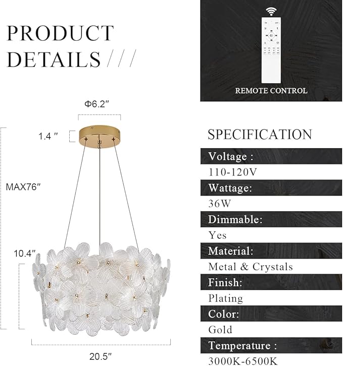 Flower Elegant Crystal LED Chandelier D20’’ Brushed Gold Contemporary for Dining Room Dimmable Flush Mount High Ceiling Chandeliers with Remote Control for Entryway Bedroom(3000K-6500K)