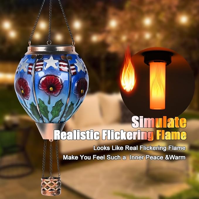 Hot Air Balloon Solar Lantern - Poppy Flower Patriotic Glass Lantern, Simulated Flickering Dancing Flame, Outdoor Hanging Yard Light Waterproof IP65, Ideal 4th of July Gift for Patriot Patio Decor