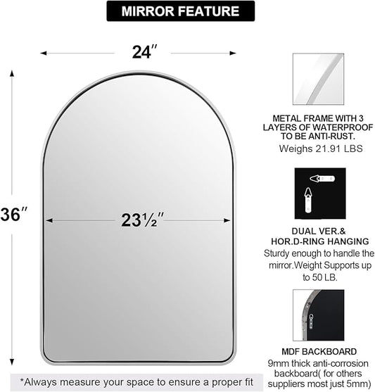 ANDY STAR Chrome Arched Bathroom Mirror, 24x36’’ Arched Wall Mirrors, Chrome Bathroom Vanity Mirror Over Sinks, Bathroom, Entryway in SUS304-Anti-Rust Tube Metal Frame Wall-Mounted Vertical 1’’ Deep