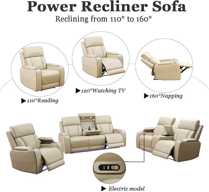 A Ainehome Power Recliner Sofa Sets with LED Lights, Recliner Couch Leather Sectional Couches for Living Room, Reclining Sofa and loveseat with Storage Console (Living Room Set, Khaki)