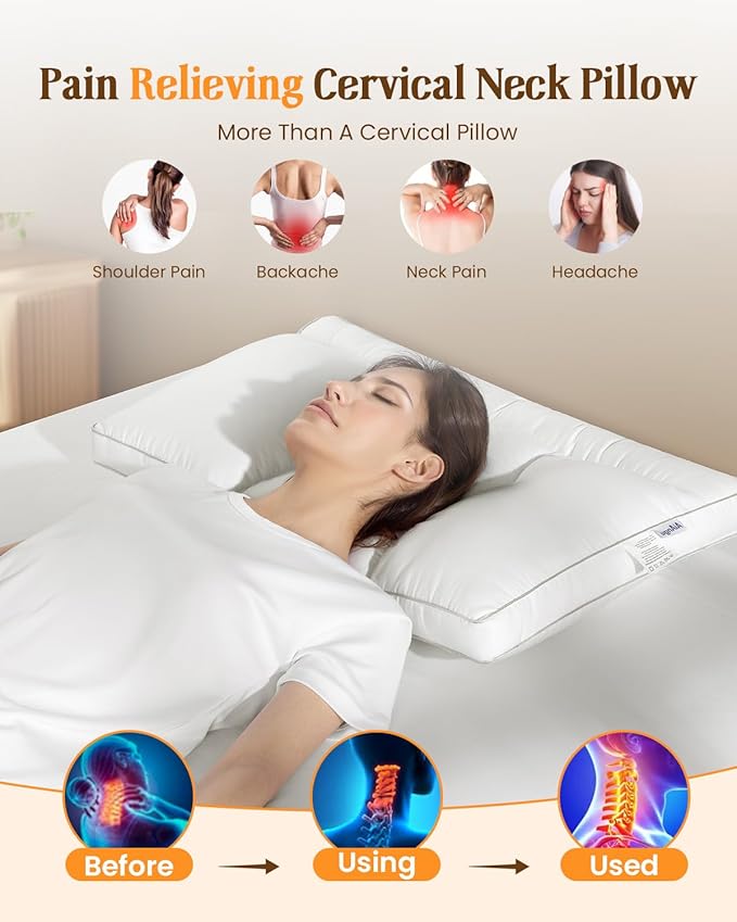 Goose Down Pillow Queen Size Set of 2, Cervical Support for Neck Pain Relief, 1250+ Fill Power, 600 Thread Count Cotton Shell, for Side, Back, and Stomach Sleepers(White,Queen(Pack of 2))