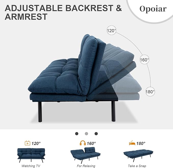 Opoiar Futon Sofa Bed Convertible Memory Foam Blue Couch Bed Futon Sets Folding Modern Sleeper Sofa Gray Loveseat for Studio,Drom,Apartment,Game Room and Small Space