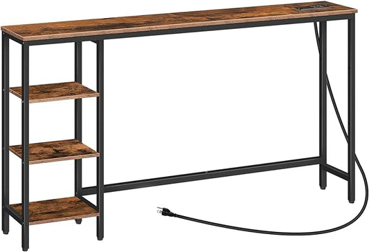 HOOBRO Console Table with Power Outlet, 63" Behind Sofa Table with Shelves, Narrow Entryway Table with Storage, Couch Table for Living Room, Hallway, Rustic Brown and Black BF164UXG01