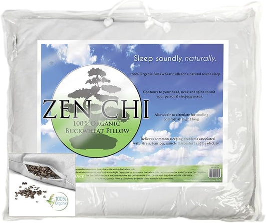 ZEN CHI Organic Queen Size Buckwheat Pillow for Sleeping (20X30)- Natural Cooling Technology, All Cotton Cover w Organic Buckwheat Hulls Comfortable Sleep, Naturally Adjusts to Head