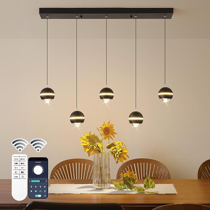 Modern LED Pendant Lights, Dimmable 36in Crystal Globe LED Chandelier Lighting, Black & Gold Dining Room Hanging Light Fixtures Kitchen Island Linear Pendant Light for Dining Table (3500lm)