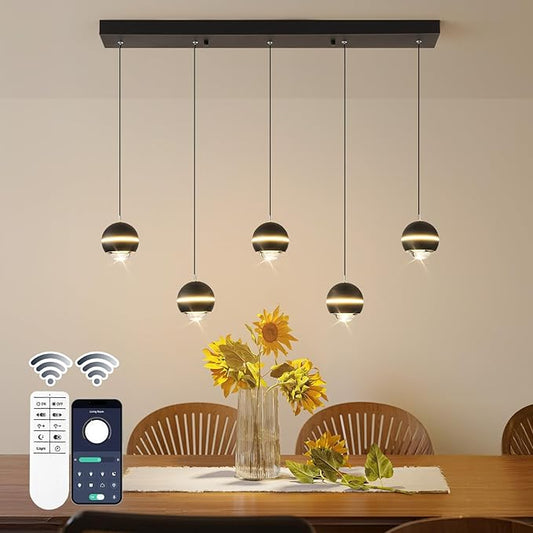 Modern LED Pendant Lights, Dimmable 36in Crystal Globe LED Chandelier Lighting, Black & Gold Dining Room Hanging Light Fixtures Kitchen Island Linear Pendant Light for Dining Table (3500lm)