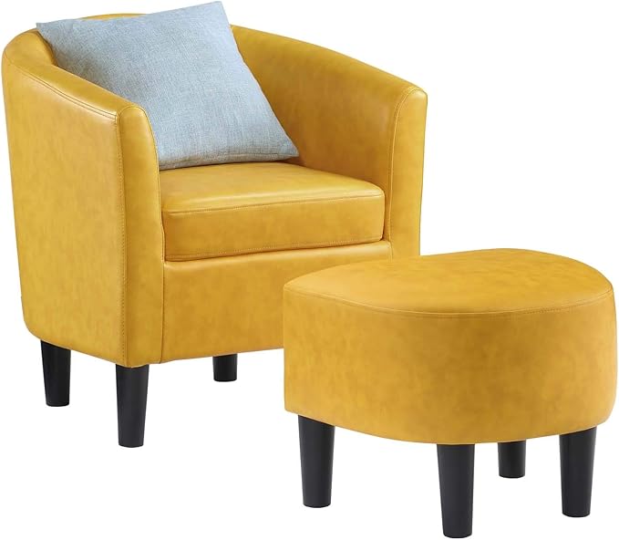 Convenience Concepts Take a Seat Churchill Accent Chair with Ottoman, Marigold Stamped Faux Leather