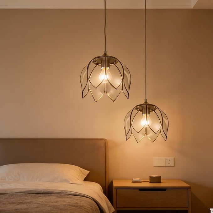 Brass Glass Ceiling Lotus Vintage Pendant Light, Hanging Chain lamp, with Vintage Lotus Flower Glass Shade for Kitchen Island Dining Room Bedroom Living Room-9.25" Clear Shade