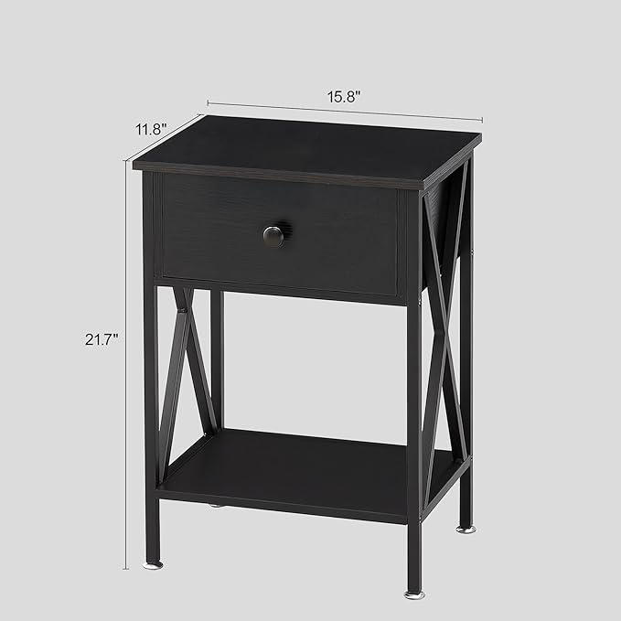 VECELO Night Stand Set of 2, End Tables with Drawer, 2-Tier Bedside Tables with X Shaped, Side Table Stand with Storage Shelf for Living Room/Bedroom,Black