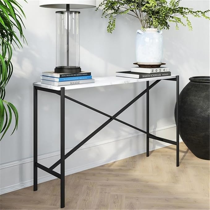 Braxton 46'' Wide Rectangular Console Table with Faux Marble Top in Blackened Bronze