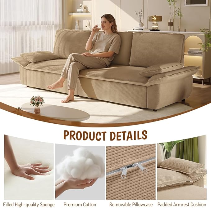 KEIKI 94.5'' King Sleeper Sofa Bed, Space-Saving 3-in-1 Pull Out Futon Couch, Modern Corduroy Loveseat Sofa with Reclining Back, Ideal for Apartment, Studio, Small Spaces