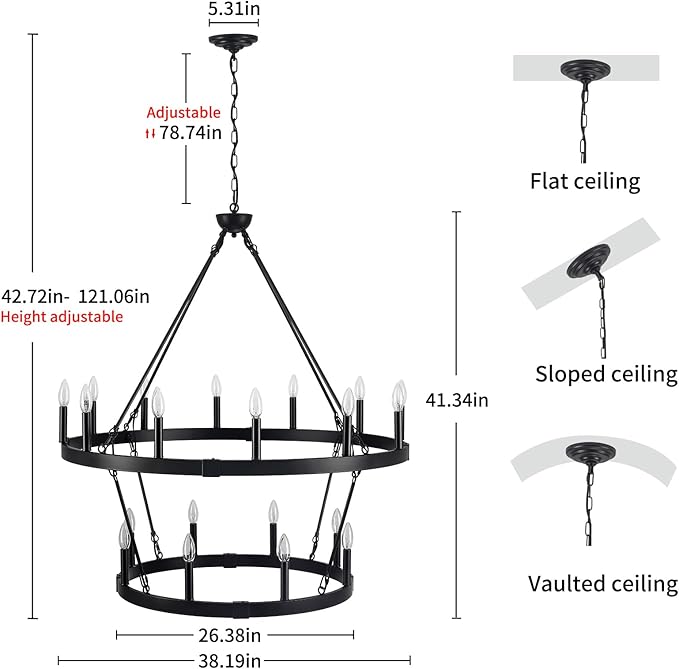 20-Light 2 Tier Black Wagon Wheel Chandelier, 38.19" Large Chandeliers for High Ceilings, Farmhouse Chandeliers for Dinning Room Living Room Kitchen Island Foyer