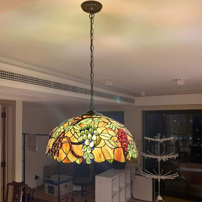 Bieye L10762 Grape Tiffany Style Stained Glass Ceiling Pendant Light with 18 inches Wide Shade, 3-Light, Hard-Wired