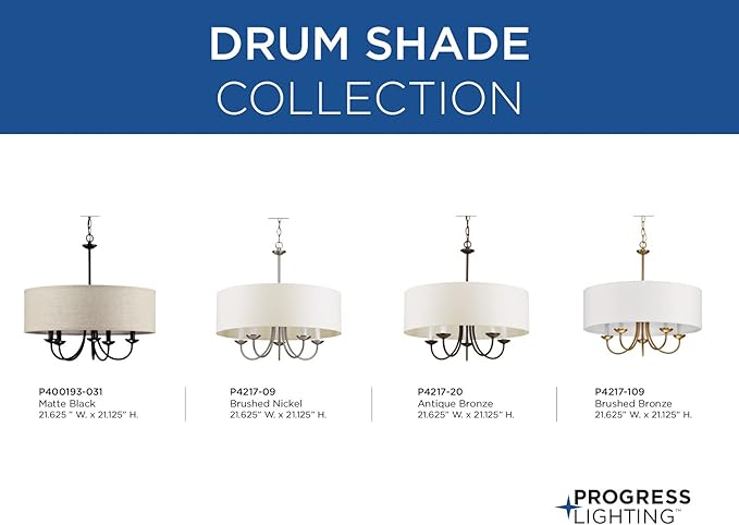 Drum Shade Collection 5-Light White Textured Linen Shade Farmhouse Chandelier Light Antique Bronze