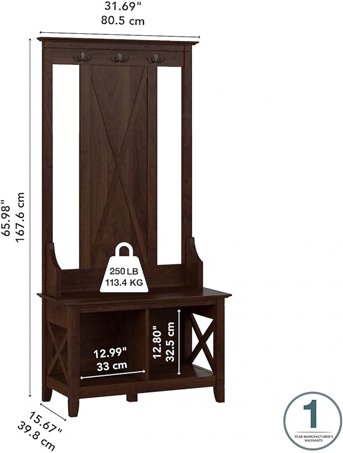 Bush Home Key West Hall Tree with Shoe Storage Bench in Bing Cherry, Entryway Organizer for Home, Multi-Purpose Storage Solution with Seating and Hooks