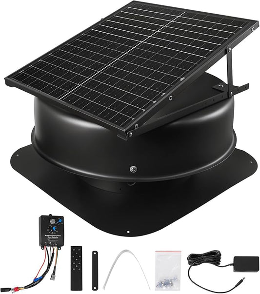 VEVOR 50W Solar Attic Fan, 3000 CFM with Smart Control, Built-in Smoke & Temperature Sensors, Weatherproof & Low-Noise for Roof Ventilation