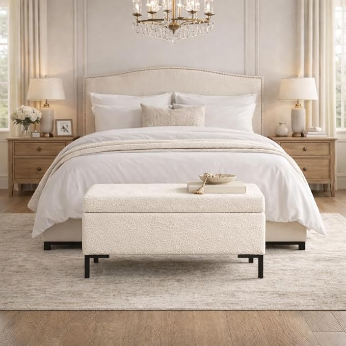 HomePop Upholstered Storage Bench with Metal Leg|Homepop Home Décor|Bench with Storage for Living Room & Entryway - Cream Boucle