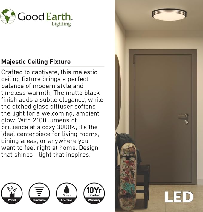 Good Earth Lighting Majestic 17-in Ceiling Fixture, 1950 Lumens, Dimmable, Matte Black