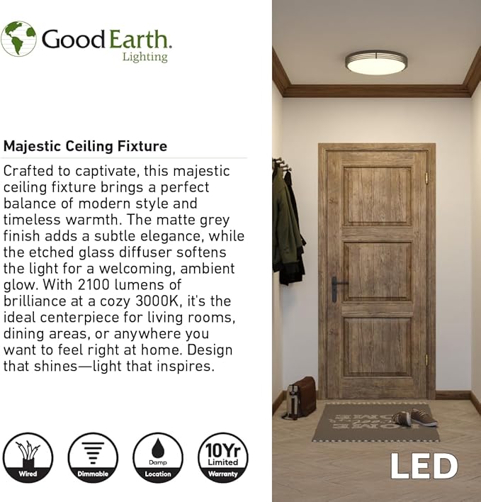 Good Earth Lighting Majestic 17-in Ceiling Fixture, 1950 Lumens, Dimmable, Matte Grey