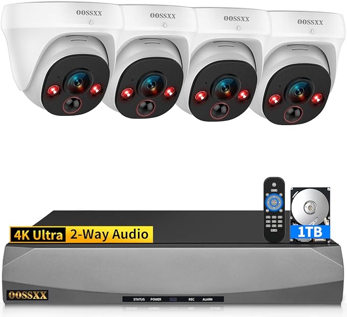 OOSSXX 4K 130° Ultra Wide-Angle 2-Way Audio 8MP Wired Dome PoE IP Cameras for Home Security Outdoor Camera System DVR Kits, Smart PIR Detection,DVR Kits (4Cams-1TB)